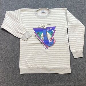 Premier Sportswear‎ Chesapeake Bay Sweatshirt Sz L Mens Gray Stripe Neon Graphic